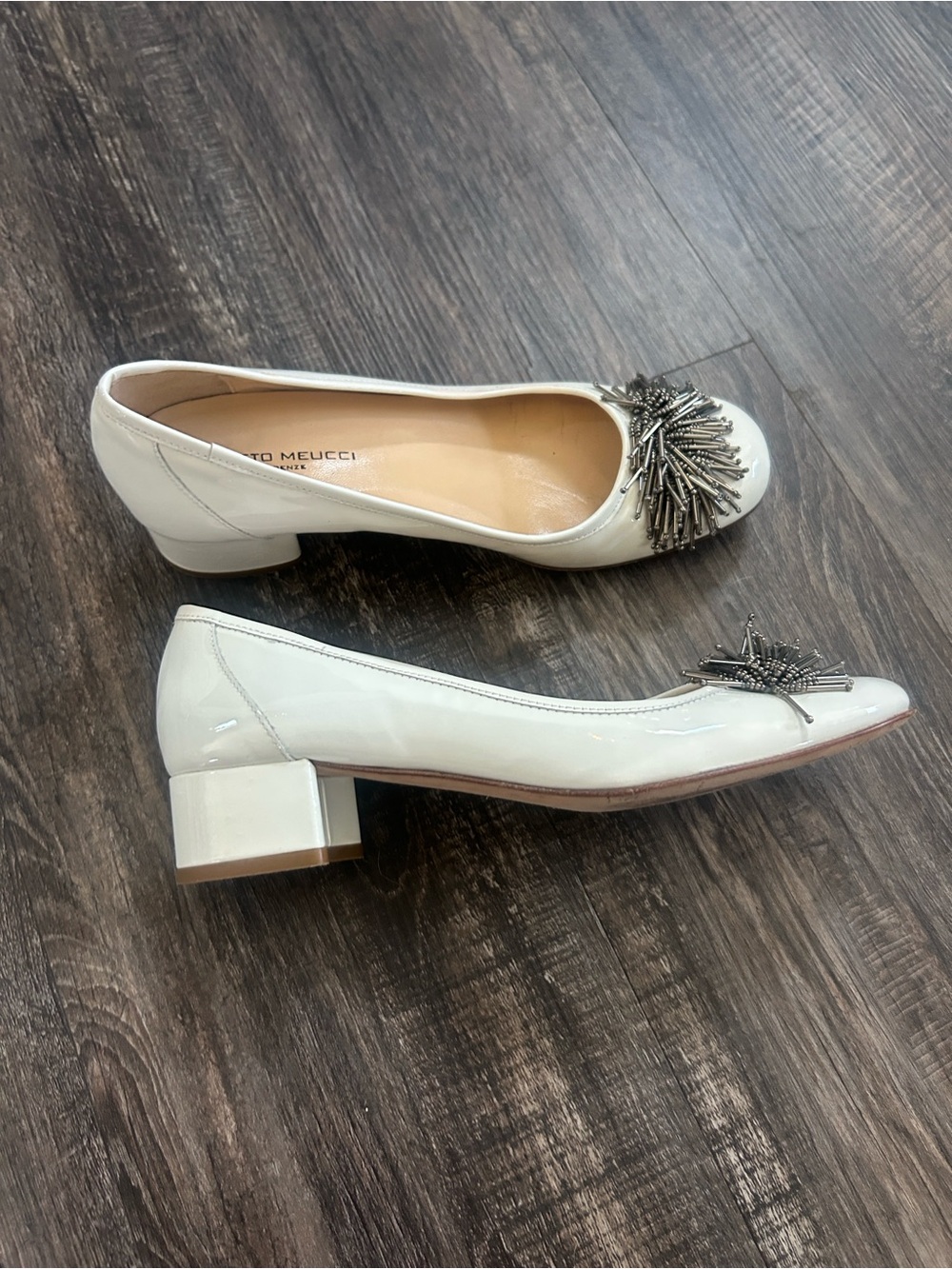 Sesto Meucci Cream Patent Ballet Flats with Metallic Bead Pom - Picture 3 of 6